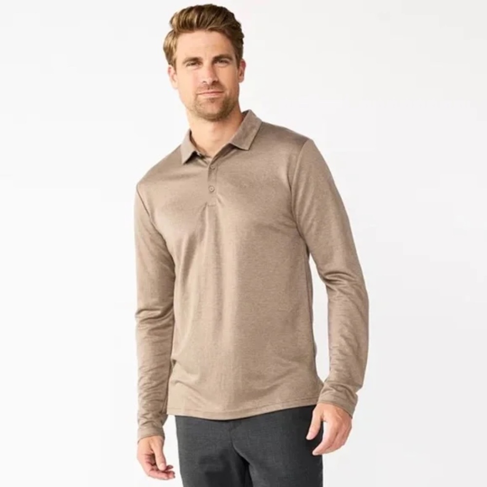 Men's 100% Cotton Long Sleeve Polo Shirt TAN S SMALL
